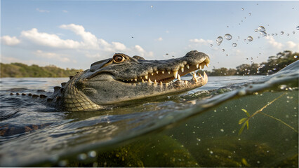 Fototapeta premium Intense wildlife portrait of an alligator swimming in clear water, its open mouth and sharp teeth visible above and below the water line in its natural habitat