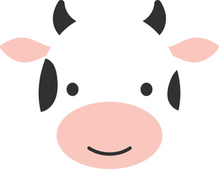 Cute cartoon cow face with pink cheeks and a happy smile on a white background simple illustration for children