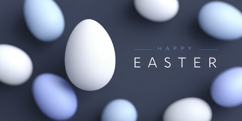 White egg surrounded by pastel-colored eggs on a dark background, creating a festive atmosphere for Easter celebrations and seasonal decorations