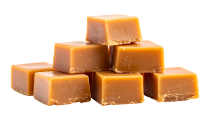 Stack of golden-brown, square-cut candies against a stark black backdrop