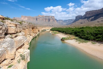 Scenic River Flowing Through Dramatic Cliffs Under Bright Blue Sky with Fluffy Clouds
