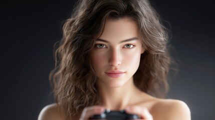 Young woman holding camera at chest, focused gaze and textured hair, editorial vibe for creative content, workshop and freelance photography