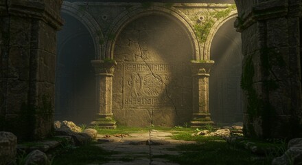 Obraz premium Ancient stone arches and carvings with moss