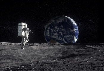 Fototapeta premium Astronaut explores the moon's surface with Earth visible in the background during a space mission