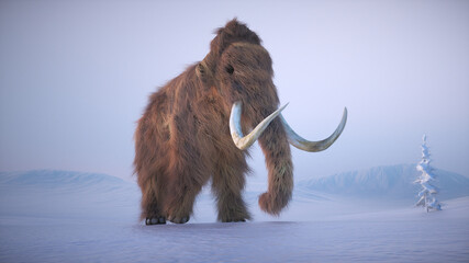 Mighty woolly mammoth stands in snowy landscape during the ice age, showcasing its impressive tusks and fur