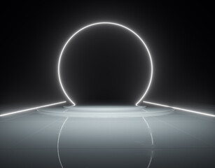 Modern stage design with glowing circular light in a dark setting for a futuristic performance or event