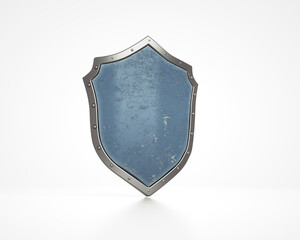 Vintage blue shield with metal rim displayed against a white background for decorative or historical purposes