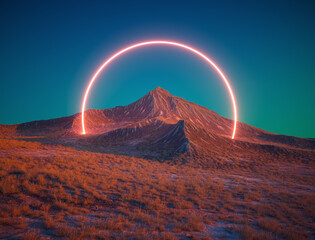 Mountain landscape under a vibrant sunset with a glowing arc on the peak