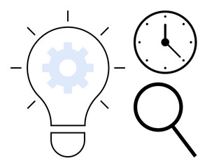 Light bulb with gear, clock, and magnifying glass representing innovation, time management, analysis, teamwork, productivity, efficiency and creativity. Ideal for business strategy and a simple