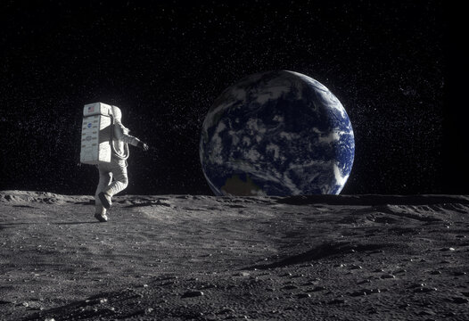 Astronaut explores the moon's surface with Earth visible in the background during a space mission