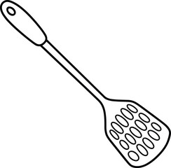 Black and white hand-drawn slotted spatula illustration — detailed kitchen utensil sketch for cooking and culinary design art