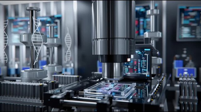 DNA Print. CRISPR innovation. AI bioengineering. Genetic engineering. Biotechnology medicine. A high-tech device applying liquid on a transparent slide in a lab.