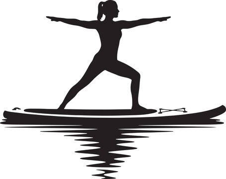 Silhouette of a woman practicing yoga on a paddle board.
