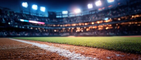 Baseball stadium close up grass field and crowd in the background