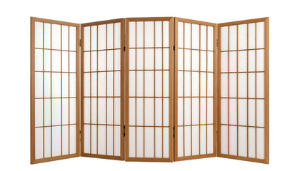 A six-paneled screen with wooden frames and paper-like panels, standing open