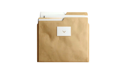 A brown paper file folder with documents, a white tag with a down arrow against black