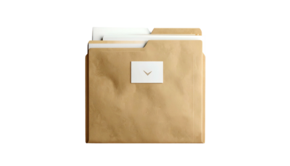 A brown paper file folder with documents, a white tag with a down arrow against black
