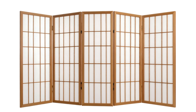 A six-paneled screen with wooden frames and paper-like panels, standing open