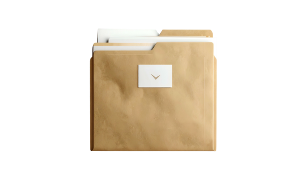 A brown paper file folder with documents, a white tag with a down arrow against black