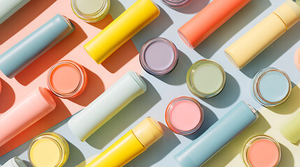 Beauty products flat lay with pastel colors on blue background