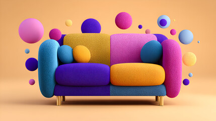 Modern colorful sofa with floating spheres on beige background
