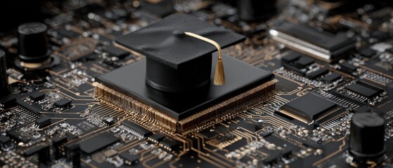 Graduation cap on circuit board illustrating education and technology