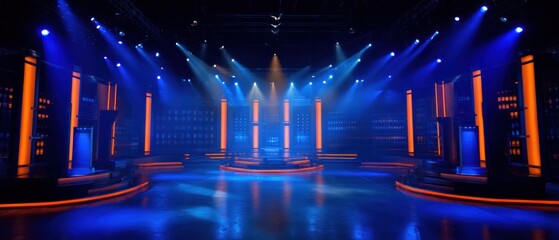 Modern television studio stage with blue and orange lighting