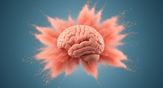 Human brain with vibrant pink powder explosion on a blue background