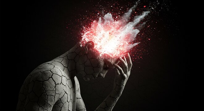 Exploding head with cracked skin symbolizing intense mental stress and pressure