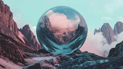 A large, reflective sphere sits atop a mountain range, reflecting the surrounding peaks and clouds.