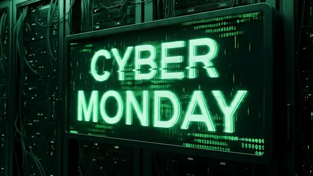 Cyber Monday sale in server room. Green neon sign of discount event with code matrix. Online shopping, technology background. Use for ad banners, marketing material.
