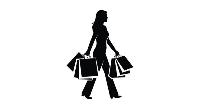 Silhouette of a woman walking with multiple shopping bags in each hand representing consumerism and retail therapy