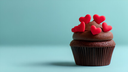 Chocolate cupcake with frosting and red candy hearts