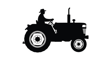 Silhouette of a farmer wearing a hat driving a vintage tractor on a white background
