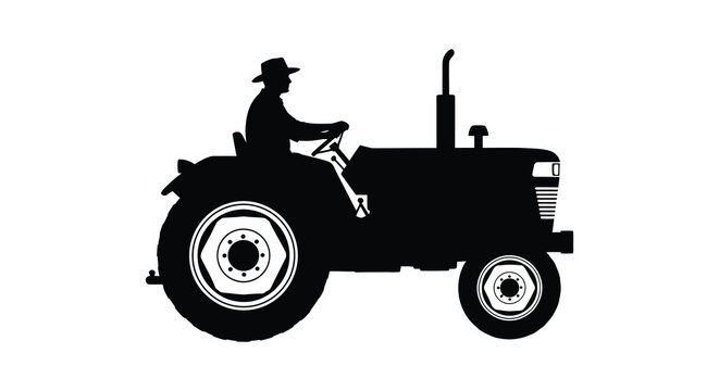 Silhouette of a farmer wearing a hat driving a vintage tractor on a white background