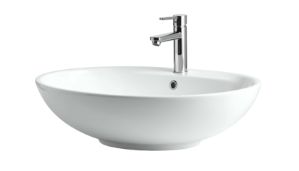Isolated, glossy white oval basin with chrome faucet, drain, & dark background