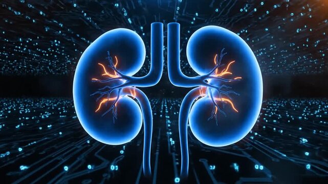 Vivid Blue Kidney Animation on Digital Circuit Board Background Emphasizing Urological Research and Medical Visualization of Renal Health and Diagnostic Imagery in Simulated High Tech Display