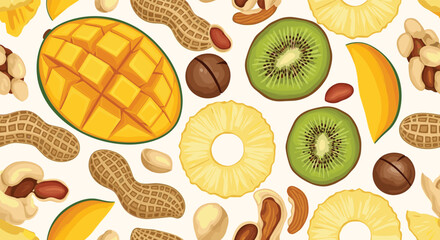 Vibrant assortment of fresh fruits and nuts in a delightful pattern, perfect for healthy eating and nutritious snacks concept.