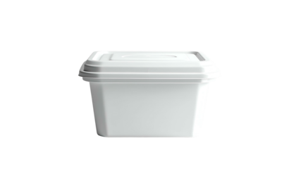 A small, square white container with a lid, placed on a black background, lit evenly