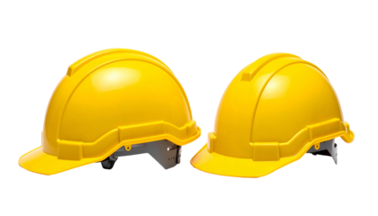 Two shiny yellow safety helmets, side-by-side, with chin strap attachments, against black