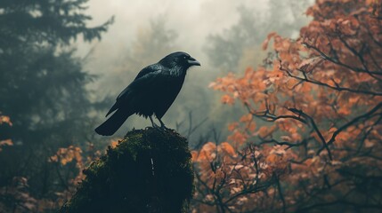 A lone crow perched on a mossy stump in a misty forest, with autumn leaves in the background.
