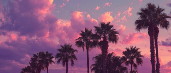 Palm trees silhouette against colorful sunset sky with vibrant clouds