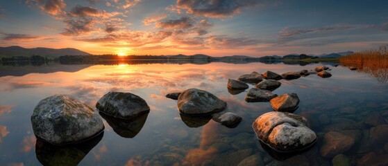 Tranquil lake landscape at sunset featuring rocks and stunning reflections