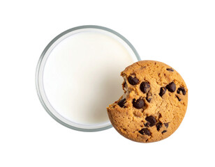 Glass of Milk with Half-Dipped Cookie, Minimalist Flat Lay, isolated, And transparent the background.