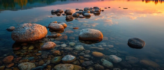 Tranquil water scene with rocks and reflections at sunset