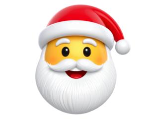 Smiling Santa Claus Emoji Face with Red Hat, 3D Glossy Style, isolated on transparent background.