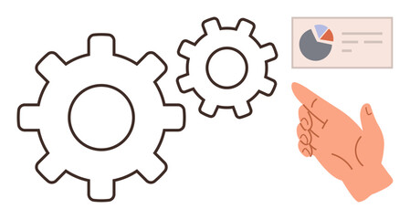 Hand gesturing toward gears and pie chart suggests teamwork, mechanics, workflow, analysis, innovation, productivity, decision-making. Ideal for collaboration themes, simple flat metaphor