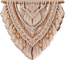 Bohemian macrame wall hanging with wooden beads and fringe detail isolated on white background