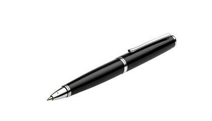 Sleek, black and silver ballpoint pen, angled against a stark black background