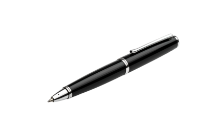 Sleek, black and silver ballpoint pen, angled against a stark black background